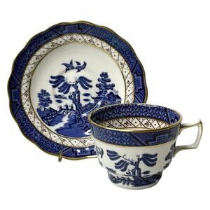 Real Old Willow Tea Cup Saucer Set Booths Gold Blue Fine Bone China England Vtg